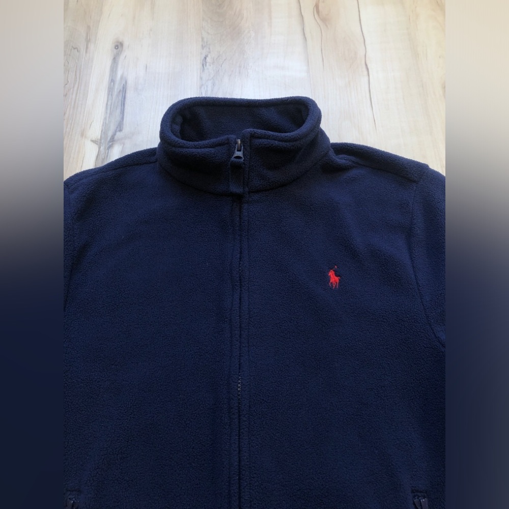 Vintage Polo Ralph Lauren Womens XS Navy Fleece Full Zip Jacket Red Pony Logo - Picture 5 of 16